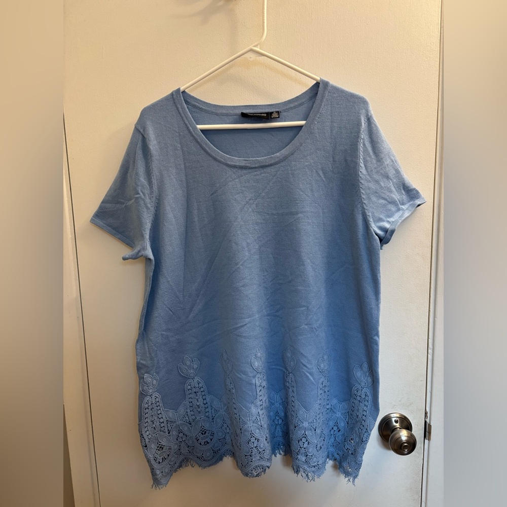 Nina Leonard Sky Blue Lace Trim Top
